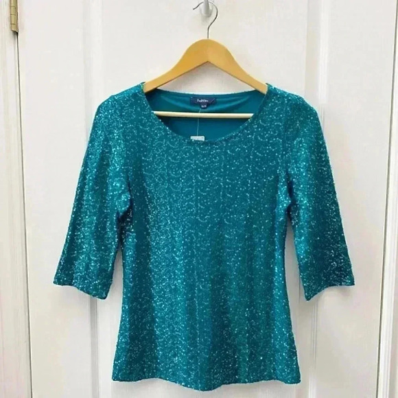 Reitman’s Sparkly Sequin Dressy Top  Scoop Neck 3/4 Bracelet Sleeve Teal XS NEW - Picture 6 of 16